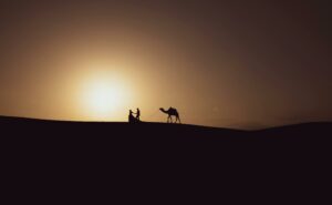 Silhouette of a person leading a camel at sunset in the Jaisalmer desert, India.