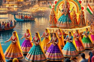 DALL·E 2025-02-03 21.23.25 – A vibrant scene from the Mewar Festival in Udaipur, Rajasthan, India. The image showcases traditional Rajasthani folk dancers in colorful attire perfo festivals of Rajasthan 